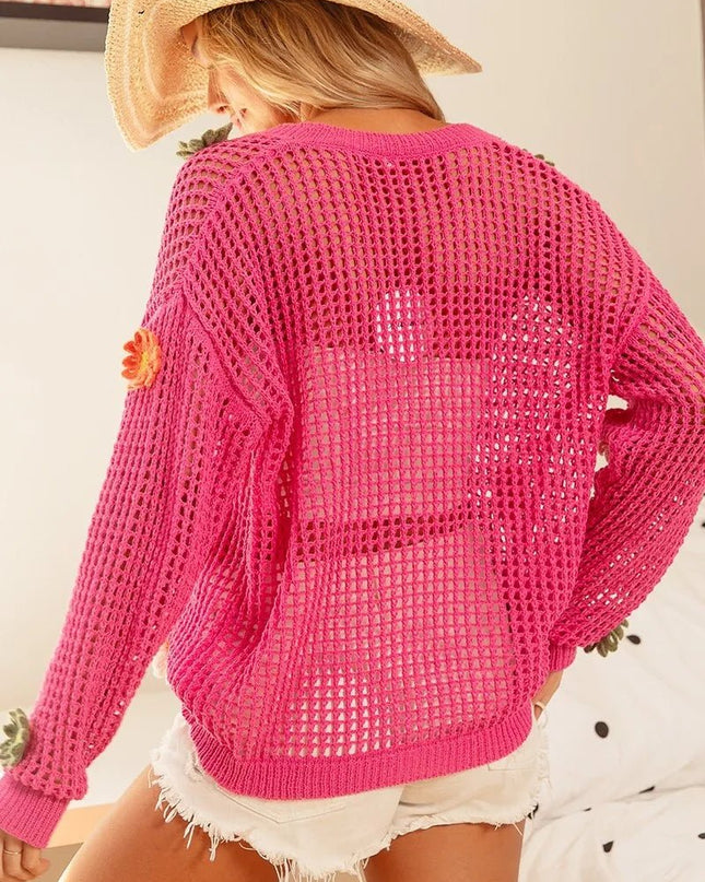BiBi Flower Patches Open Knit Sweater Cardigan - Sleekdenim.com