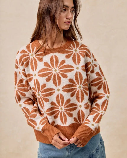 BiBi Flower Pattern Long Sleeve Sweater - Sleekdenim.com