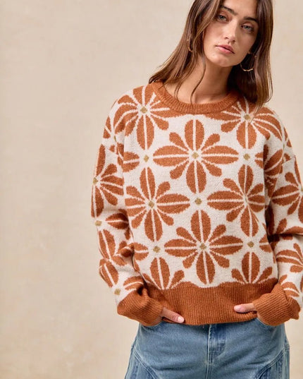 BiBi Flower Pattern Long Sleeve Sweater - Sleekdenim.com