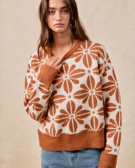 BiBi Flower Pattern Long Sleeve Sweater - Sleekdenim.com