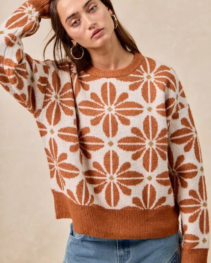 BiBi Flower Pattern Long Sleeve Sweater - Sleekdenim.com