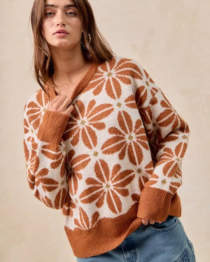 BiBi Flower Pattern Long Sleeve Sweater - Sleekdenim.com
