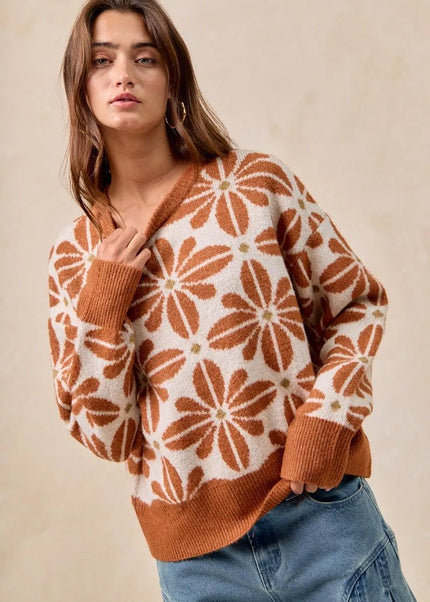 BiBi Flower Pattern Long Sleeve Sweater - Sleekdenim.com