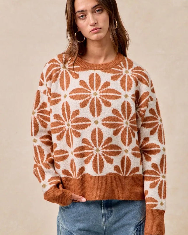 BiBi Flower Pattern Long Sleeve Sweater - Sleekdenim.com