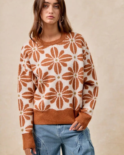 BiBi Flower Pattern Long Sleeve Sweater - Sleekdenim.com
