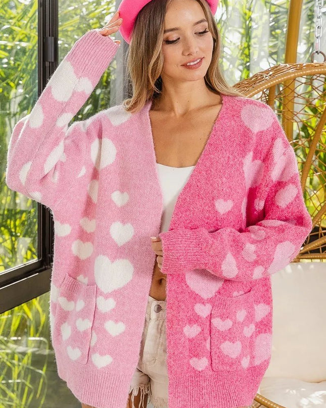 BiBi Heart Color Block V - Beck Knit Cardigan with Pockets - Sleekdenim.com