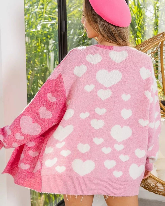 BiBi Heart Color Block V - Beck Knit Cardigan with Pockets - Sleekdenim.com