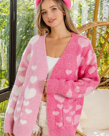 BiBi Heart Color Block V - Beck Knit Cardigan with Pockets - Sleekdenim.com