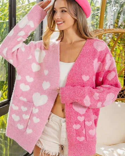 BiBi Heart Color Block V - Beck Knit Cardigan with Pockets - Sleekdenim.com