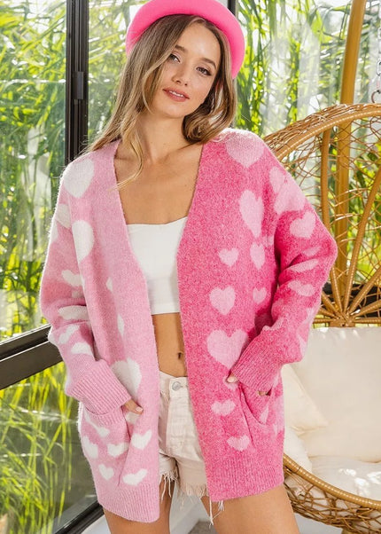 BiBi Heart Color Block V - Beck Knit Cardigan with Pockets - Sleekdenim.com