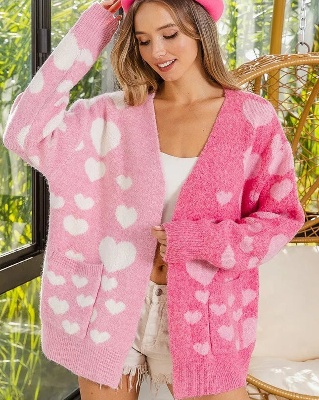 BiBi Heart Color Block V - Beck Knit Cardigan with Pockets - Sleekdenim.com