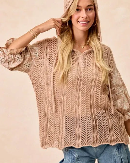 BiBi Jacquard Flower Puff Sleeve Hooded Knit Top - Sleekdenim.com
