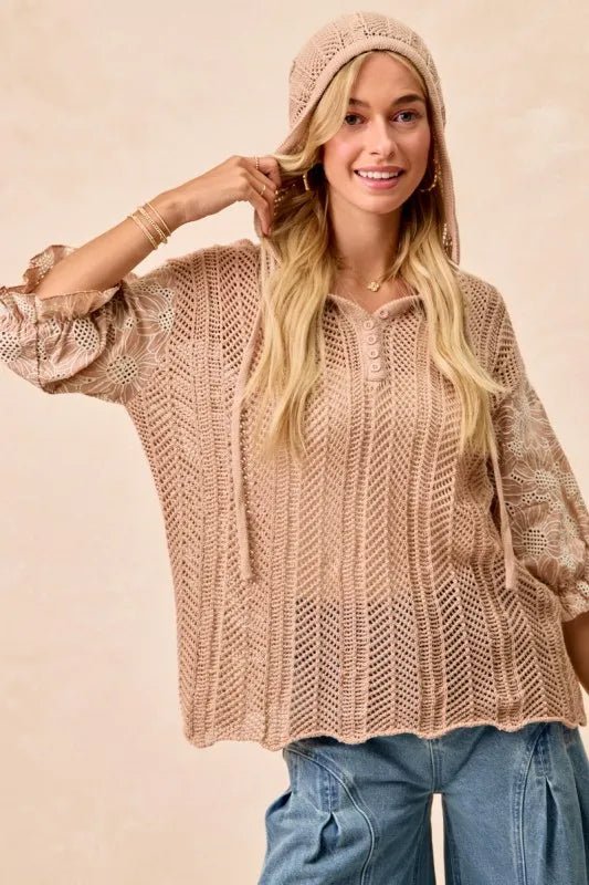 BiBi Jacquard Flower Puff Sleeve Hooded Knit Top - Sleekdenim.com
