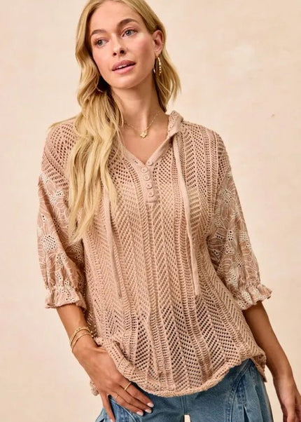 BiBi Jacquard Flower Puff Sleeve Hooded Knit Top - Sleekdenim.com