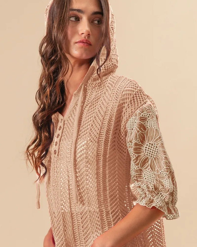 BiBi Jacquard Flower Puff Sleeve Hooded Knit Top - Sleekdenim.com