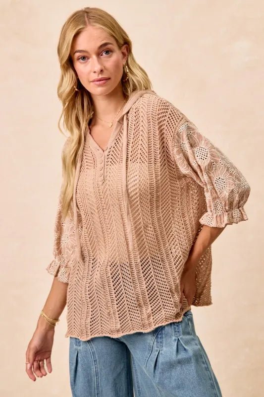 BiBi Jacquard Flower Puff Sleeve Hooded Knit Top - Sleekdenim.com