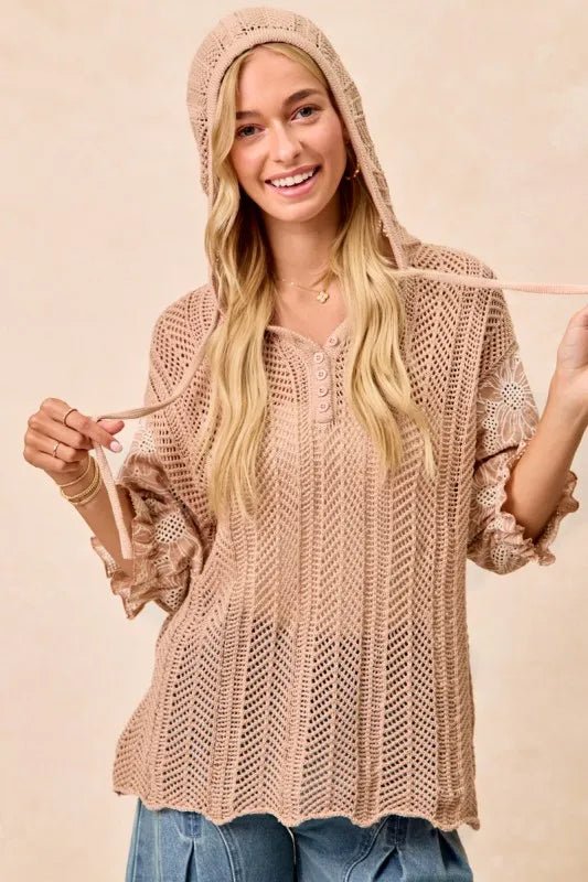 BiBi Jacquard Flower Puff Sleeve Hooded Knit Top - Sleekdenim.com