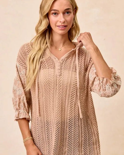 BiBi Jacquard Flower Puff Sleeve Hooded Knit Top - Sleekdenim.com