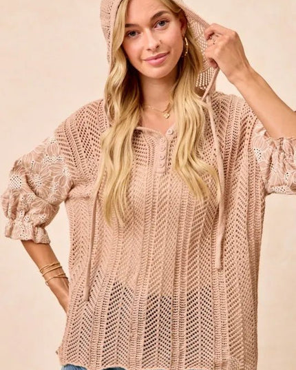 BiBi Jacquard Flower Puff Sleeve Hooded Knit Top - Sleekdenim.com