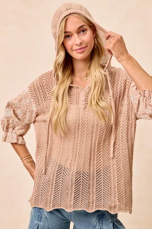 BiBi Jacquard Flower Puff Sleeve Hooded Knit Top - Sleekdenim.com