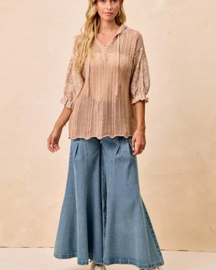 BiBi Jacquard Flower Puff Sleeve Hooded Knit Top - Sleekdenim.com