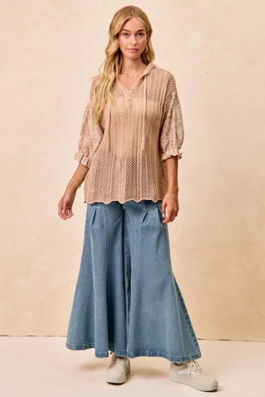 BiBi Jacquard Flower Puff Sleeve Hooded Knit Top - Sleekdenim.com