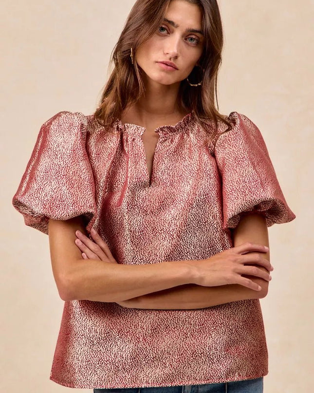 BiBi Jacquard Woven Short Balloon Sleeves V Neck Top - Sleekdenim.com