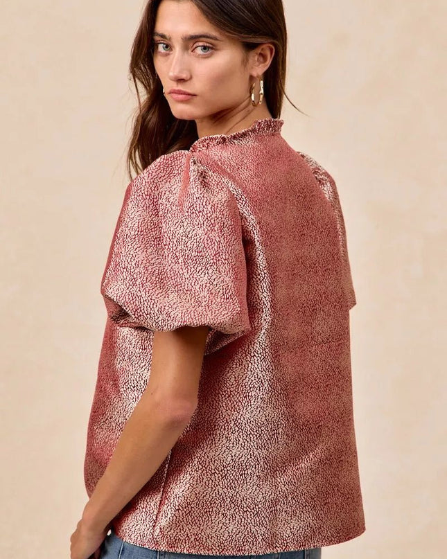 BiBi Jacquard Woven Short Balloon Sleeves V Neck Top - Sleekdenim.com