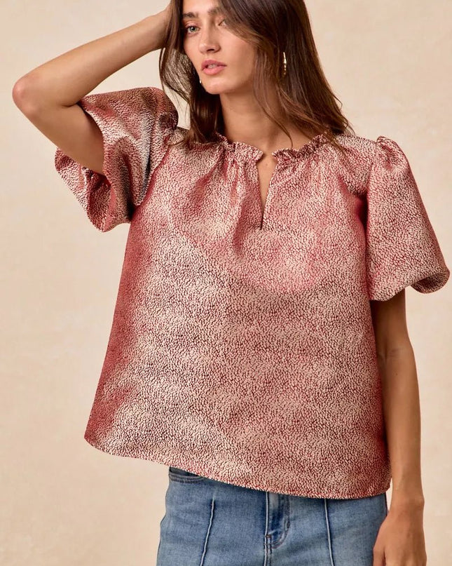 BiBi Jacquard Woven Short Balloon Sleeves V Neck Top - Sleekdenim.com