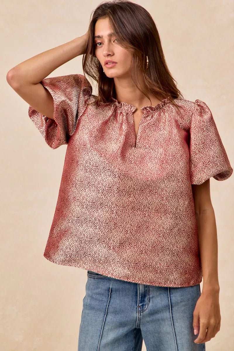 BiBi Jacquard Woven Short Balloon Sleeves V Neck Top - Sleekdenim.com