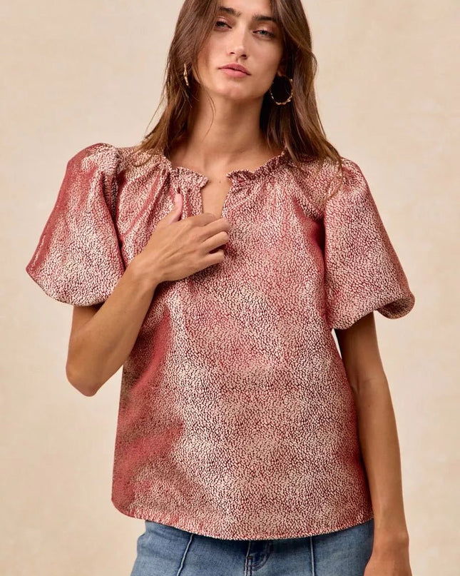 BiBi Jacquard Woven Short Balloon Sleeves V Neck Top - Sleekdenim.com