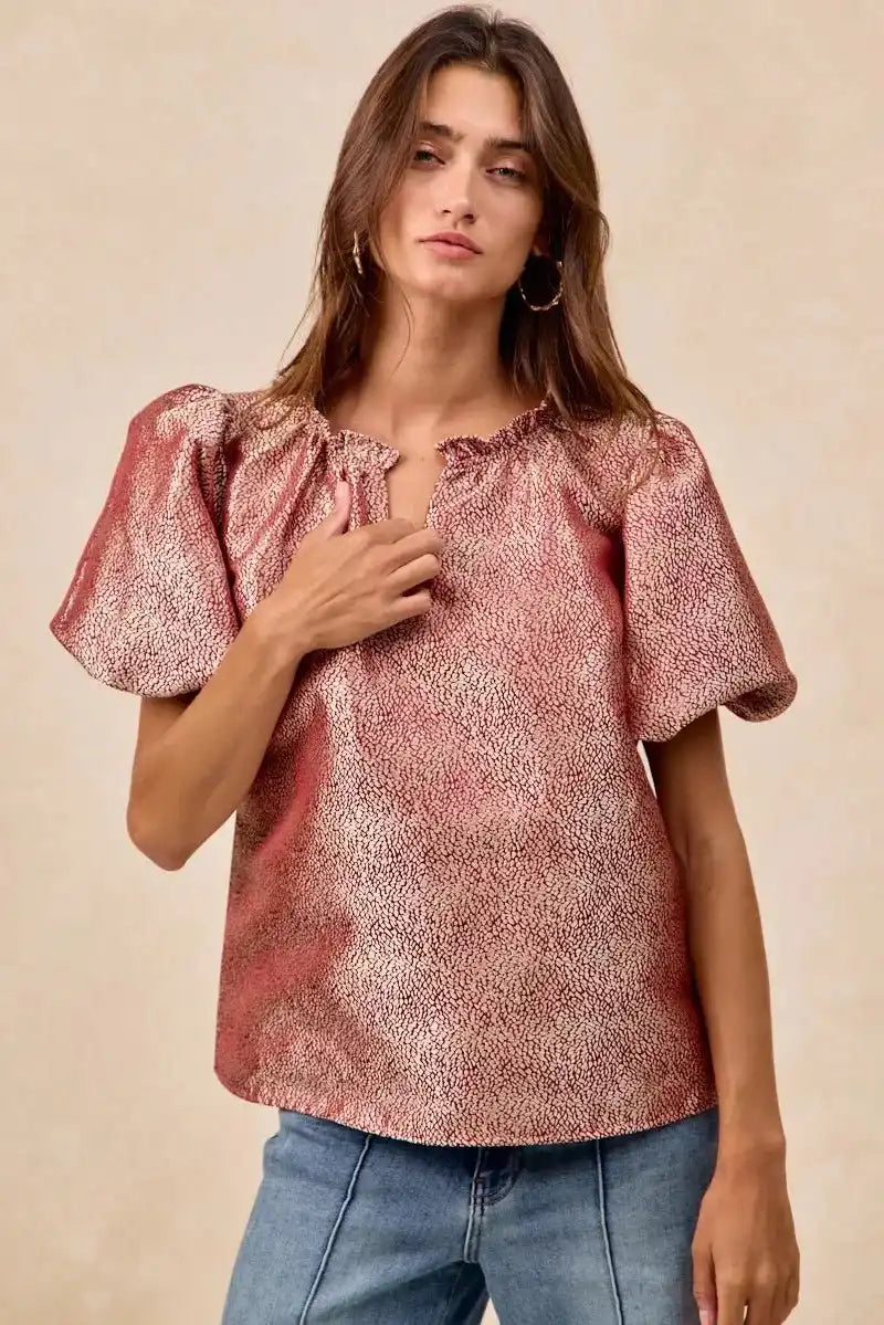 BiBi Jacquard Woven Short Balloon Sleeves V Neck Top - Sleekdenim.com