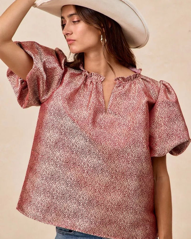 BiBi Jacquard Woven Short Balloon Sleeves V Neck Top - Sleekdenim.com