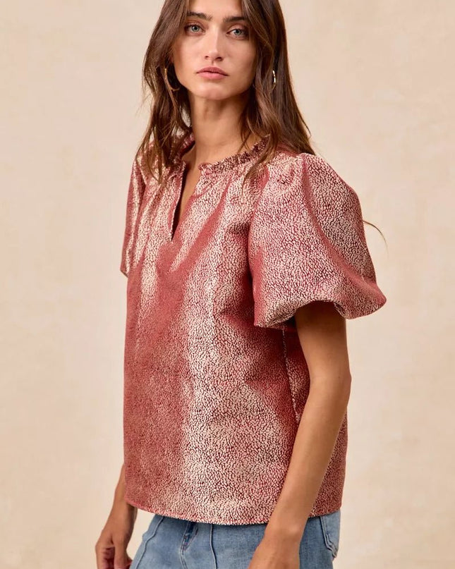 BiBi Jacquard Woven Short Balloon Sleeves V Neck Top - Sleekdenim.com