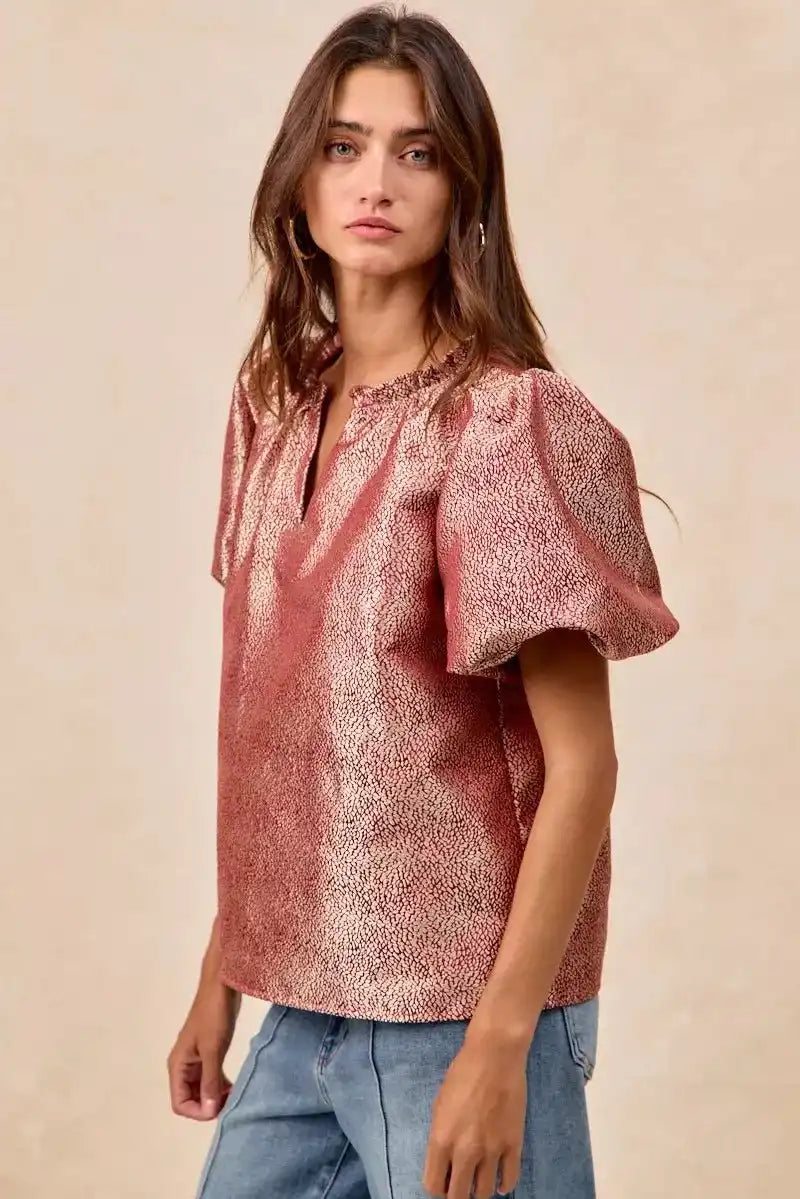 BiBi Jacquard Woven Short Balloon Sleeves V Neck Top - Sleekdenim.com