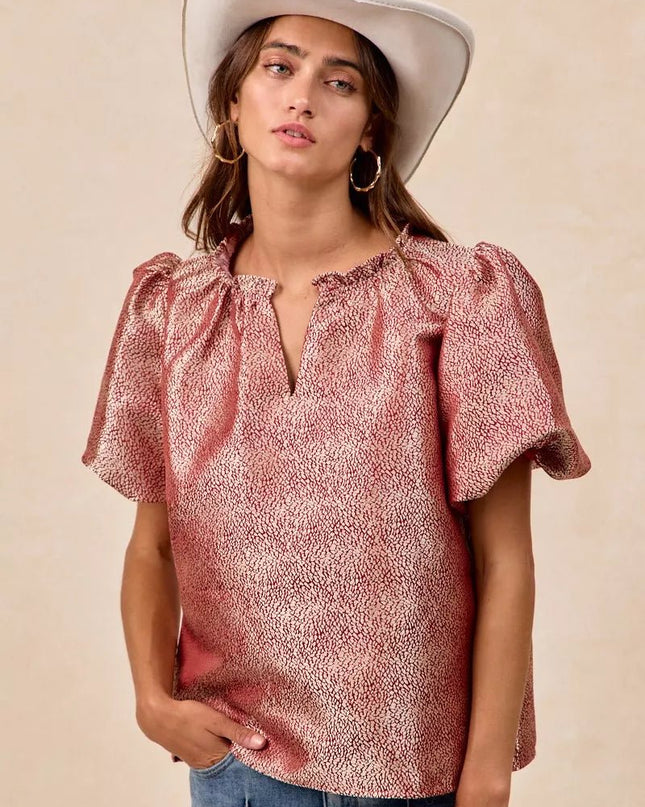 BiBi Jacquard Woven Short Balloon Sleeves V Neck Top - Sleekdenim.com