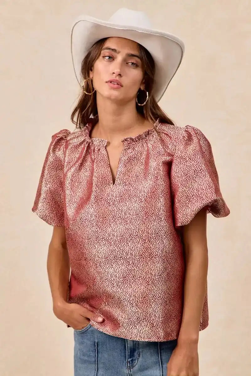 BiBi Jacquard Woven Short Balloon Sleeves V Neck Top - Sleekdenim.com