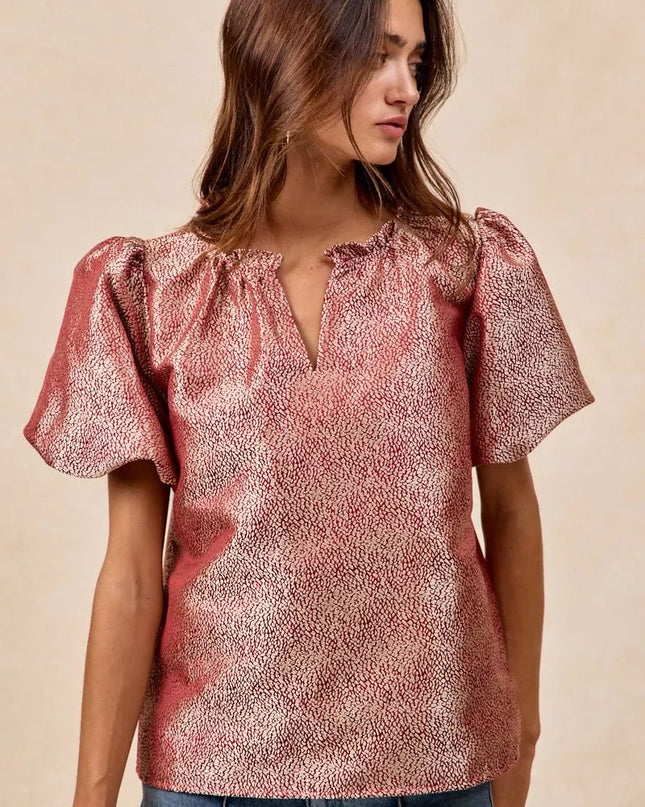 BiBi Jacquard Woven Short Balloon Sleeves V Neck Top - Sleekdenim.com