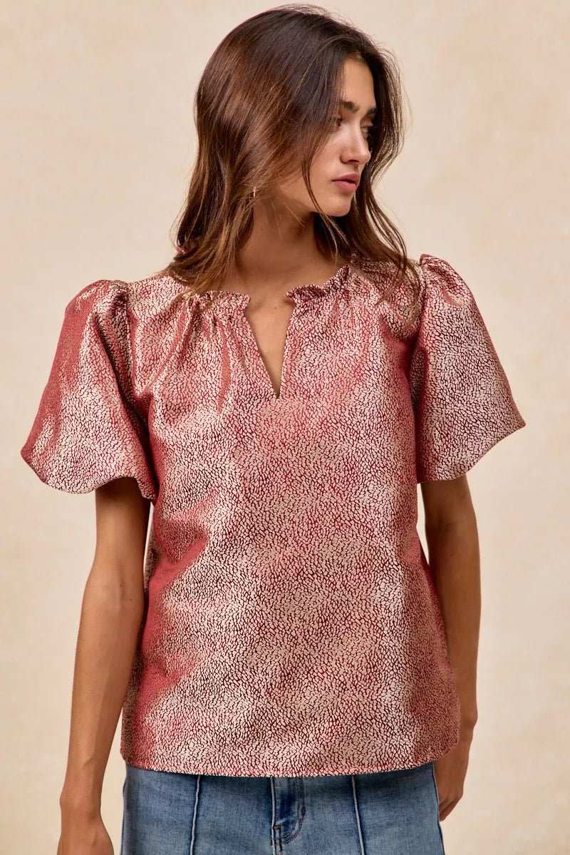 BiBi Jacquard Woven Short Balloon Sleeves V Neck Top - Sleekdenim.com