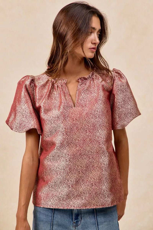 BiBi Jacquard Woven Short Balloon Sleeves V Neck Top - Sleekdenim.com