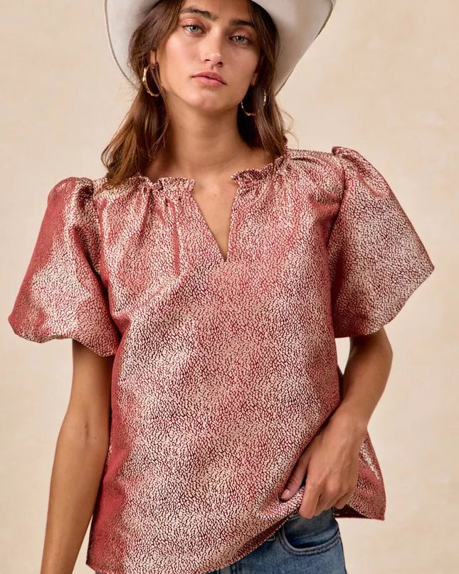 BiBi Jacquard Woven Short Balloon Sleeves V Neck Top - Sleekdenim.com