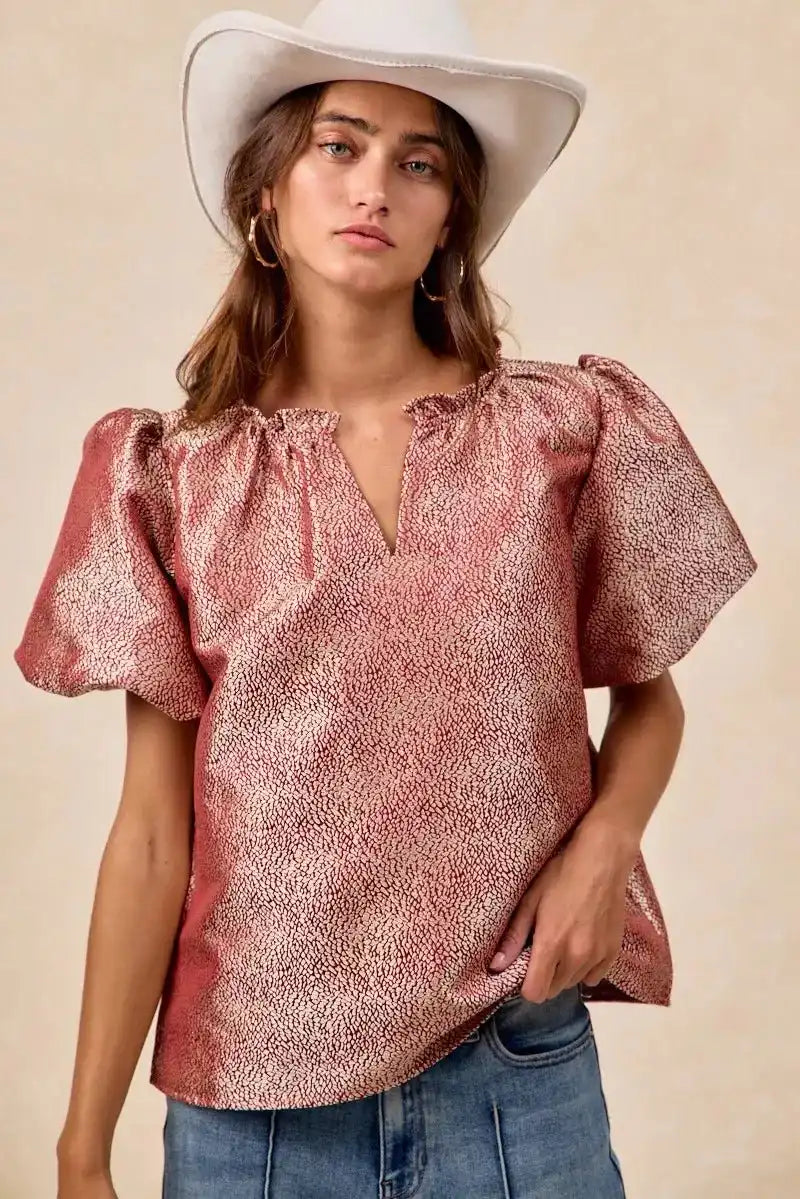 BiBi Jacquard Woven Short Balloon Sleeves V Neck Top - Sleekdenim.com