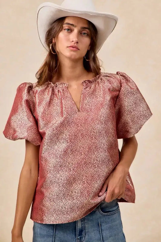 BiBi Jacquard Woven Short Balloon Sleeves V Neck Top - Sleekdenim.com