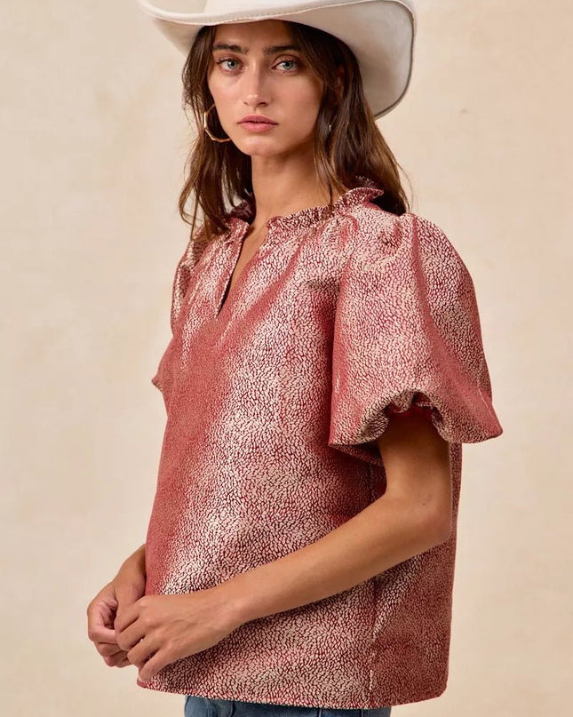 BiBi Jacquard Woven Short Balloon Sleeves V Neck Top - Sleekdenim.com