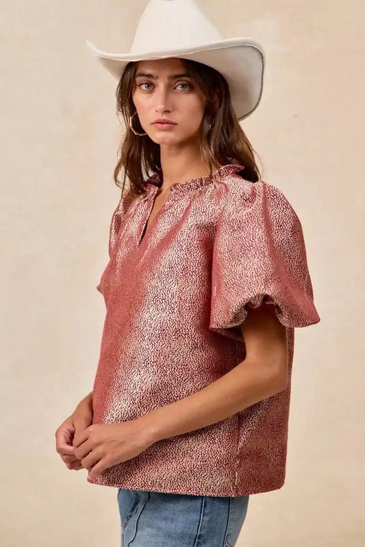 BiBi Jacquard Woven Short Balloon Sleeves V Neck Top - Sleekdenim.com