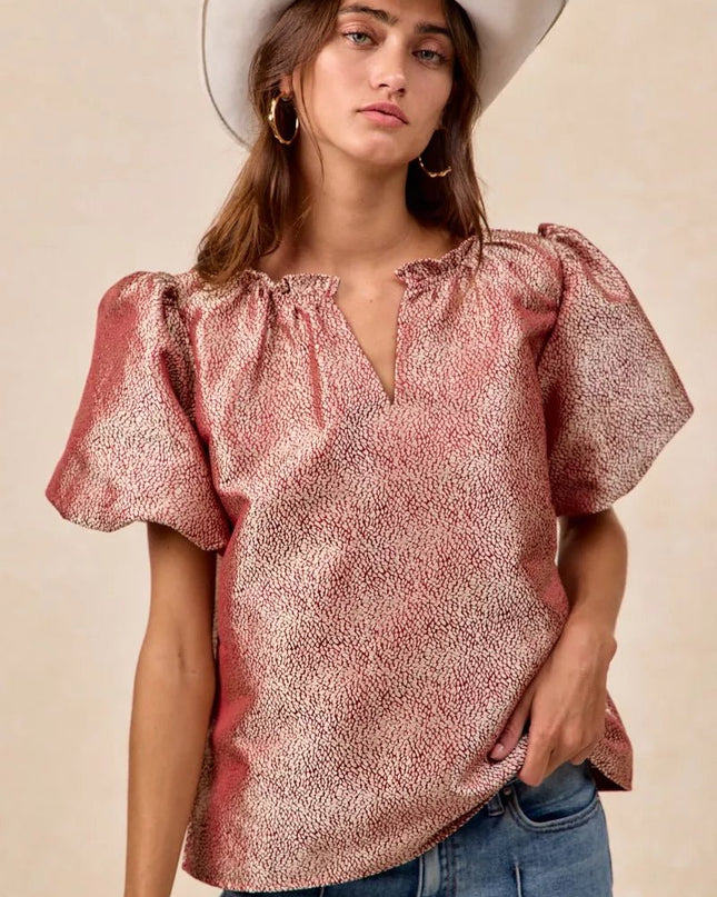 BiBi Jacquard Woven Short Balloon Sleeves V Neck Top - Sleekdenim.com