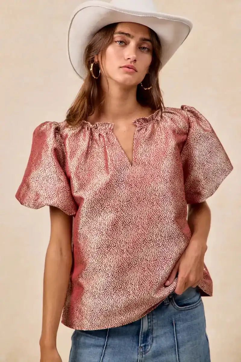 BiBi Jacquard Woven Short Balloon Sleeves V Neck Top - Sleekdenim.com