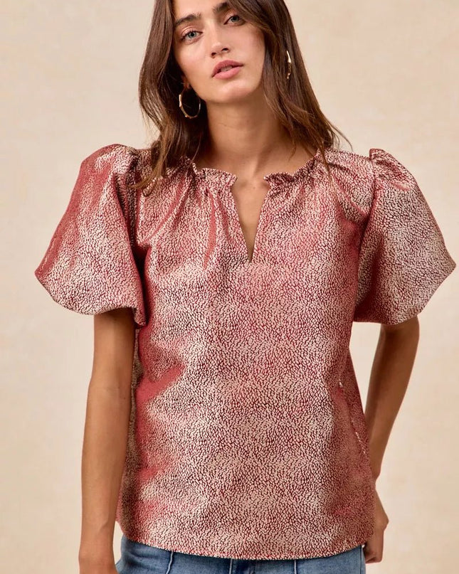 BiBi Jacquard Woven Short Balloon Sleeves V Neck Top - Sleekdenim.com