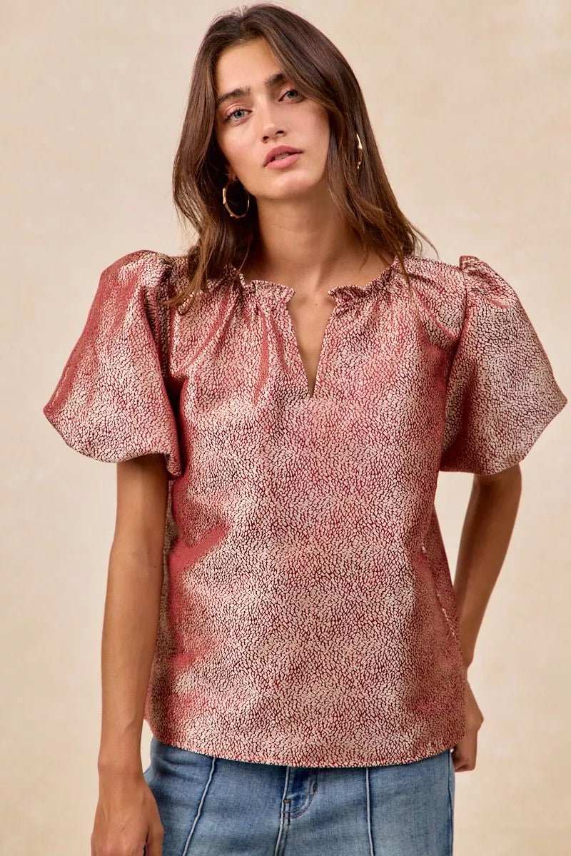 BiBi Jacquard Woven Short Balloon Sleeves V Neck Top - Sleekdenim.com