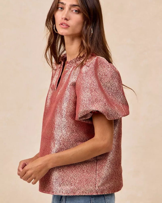 BiBi Jacquard Woven Short Balloon Sleeves V Neck Top - Sleekdenim.com